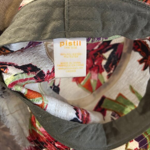 Floral Pistil Bucket Hat Cream Red Pink Flowers Khaki Band Boho Resort Wear - Picture 8 of 9